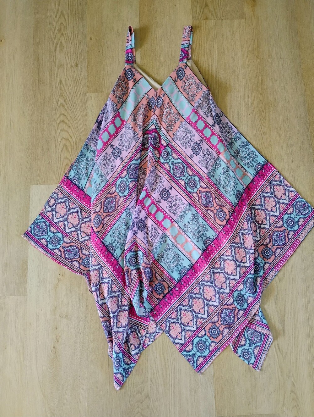 Boho Handkerchief-Hem Tank Top Dress in Pink & Aqua